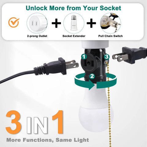E26 To Dual Prong Outlet Adapter With Pull Chain On Off Switch For Light And Power Standard E26 Base To Two Outlet Splitter Black