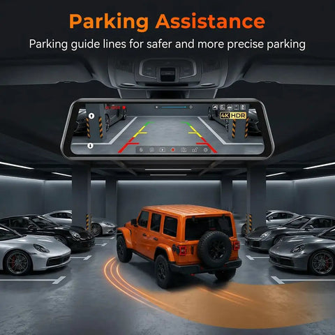 12 Inch Mirror Dash Cam With Crystal Clear 4K UHD Front And 2.5K Rear in parking garage displaying rear camera view with guide lines