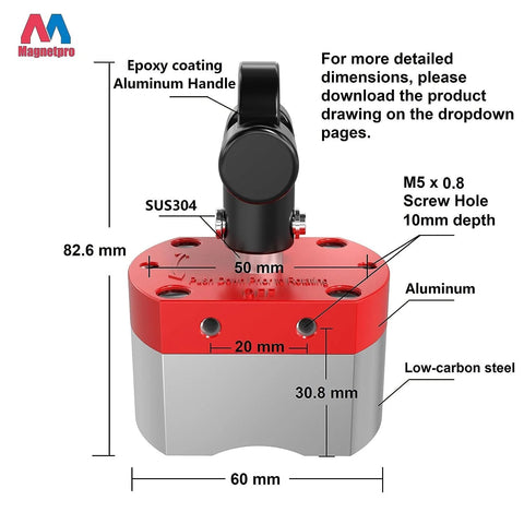 Front view of Magnetpro multipurpose switch magnet with red aluminum top, gray steel base, and black handle.