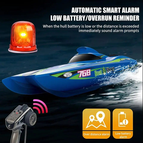 Ultra Fast 2.4G Brushless RC Speedboat For Adults, Realistic Look, Pro Grade Build, shown with remote and alarm icons
