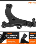 Front lower control arm with ball joint, black steel suspension component.