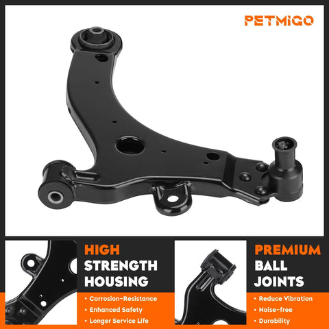 Front lower control arm with ball joint, black steel suspension component.