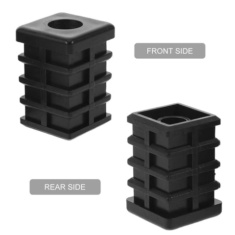 Front and rear view of Plastic Tube End Caps And Adjustable Furniture Feet Pads Kit 12 Pieces With M8 Thread Integrated Nut Square Covers.