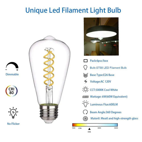 Image of a Six Pack Dimmable E26 LED Edison Bulbs 6W 600 Lumens, 60 Watt Equivalent, Cool Daylight 5000K, Vintage Spiral Filament ST58 ST19