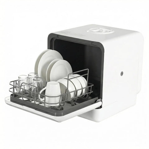 Countertop Dishwasher With Six Liter Tank And Dual Rotation Spray No Hookup Needed Plug And Play Setup Auto Air Dry Plus High Heat Sterilization with clean dishes.