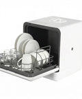 Portable Automatic Countertop Dishwasher Boasting 360 Dual Spray with dishes and glasses loaded in basket.