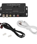 RF Modulator For UHF TV With Infrared Extender, Channel Display, AV to RF Converter, cables, and connectors, top view