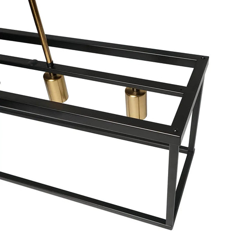 Close-up of Dope Industrial Modern Farmhouse Kitchen Island Light Chandelier in Black and Brass with geometric frame detail