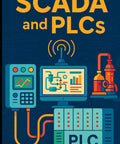 Front cover of a blue book titled Mastering SCADA and PLCs with circuit diagrams and PLC hardware illustration.