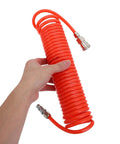 Premium Heavy Duty Recoil Air Hose For Air Compressor Killer Leak Proof System With Strong Quick Attach Connectors Built To Be Real Tough For Serious Daily Use In Auto Shops Or Home Garage Spaces Flows Great For Paint Guns Nailers With Zero Woes orange coiled hose with metal fittings