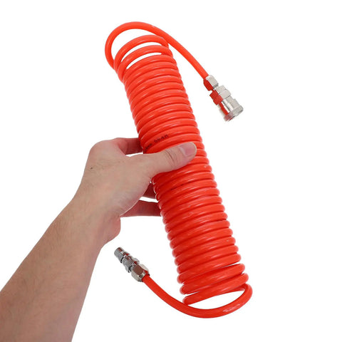 Heavy Duty Recoil Air Hose For Compressor 19.7 Ft Flexible Retractable Line Handles Shop Abuse Without Breaking A Sweat Great Replacement For Garage Tools And Air Supply Systems High Build Quality Resists Wear And Tear Like A Real Pro In The Garage. Orange coiled compressor hose with metal fittings, held in hand