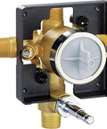 R10300-UNWS Rough-In Shower Valve Kit with chrome finish, compact 4.88 x 5.06 x 4.88 inches, brass construction, front view