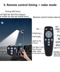 Rock Solid Solar Flood Lights With Motion Sensor And Pocket Remote Waterproof Outdoor Yard And Driveway Bulbs showing remote control features and settings for timing and brightness adjustments.