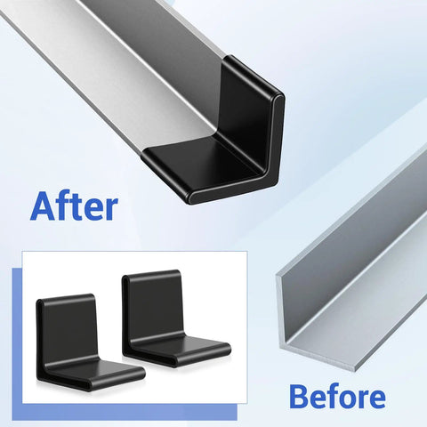 8 Piece Heavy Duty Rubber Corner Caps For Metal Bed Frame Legs With Anti Slip L Shape Design In Matte Black shown on steel frame.
