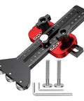 Precision Thin Ripping Guide Jig With Cool 3-Pulley System For Super Tight Cuts And Kickback Defense On Table Saws featuring aluminum body and adjustment knobs.