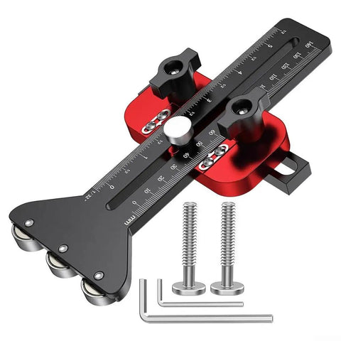 Precision Thin Ripping Guide Jig With Cool 3-Pulley System For Super Tight Cuts And Kickback Defense On Table Saws featuring aluminum body and adjustment knobs.