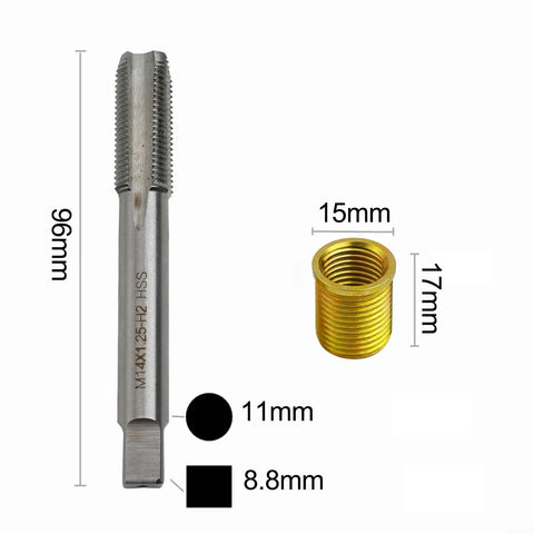 Thread Repair Tool Kit For M12x1.25 Inserts And M14x1.25 Tap, Metal Helicoil Set showing a silver tap and gold insert with dimensions.