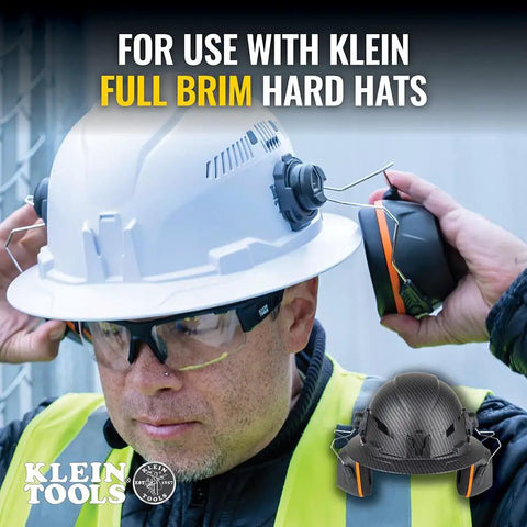 Worker adjusting Ear Muffs With Full Brim Hard Hat Attachment For Construction And Manufacturing Pros On The Jobsite, 26 dB NRR