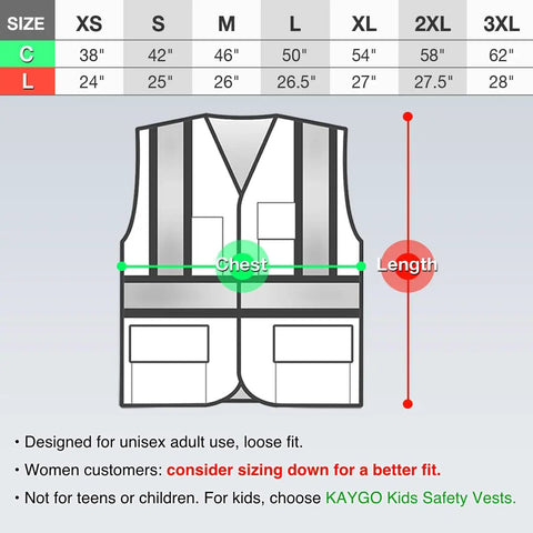 Size chart and fit guide for High Visibility Safety Vest With Pockets For Construction Pros ANSI Class 2 Type R Reflective Vest.
