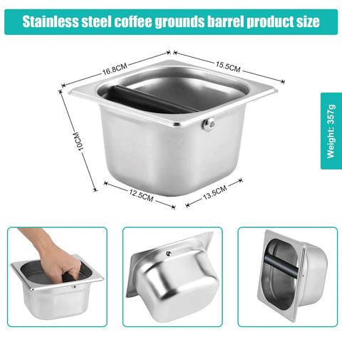 Stainless Steel Espresso Knock Box With Rubber Bar For Easy Coffee Grounds Disposal showing size and dimensions