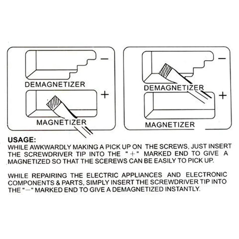 Diagram showing usage of Must Have Precision Demagnetizer And Magnetizer Tools Set Three Color Pack Black Red Blue for tools.