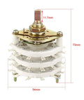 6 Pole 5 Position 3 Deck Band Selector Rotary Switch With Knob For PCB Panel Mount, showing dimensions with metal shaft and white decks