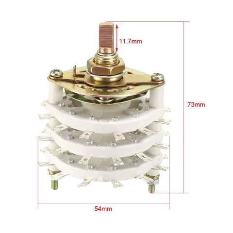 6 Pole 5 Position 3 Deck Band Selector Rotary Switch With Knob For PCB Panel Mount, showing dimensions with metal shaft and white decks