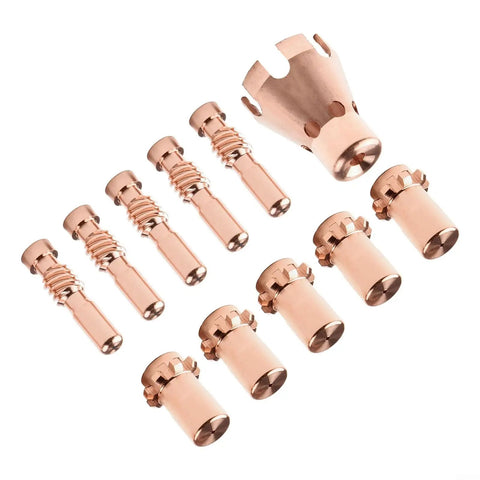 Ultimate 11-Piece Plasma Cutter Tips And Nozzles Kit Made For Procut 55 And 80 Series Machines displaying copper nozzles and electrodes for plasma cutting.