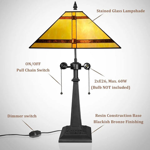 Cream Tiffany Style Table Lamp With 24 Inch Tall, 16 Inch Square Stained Glass Shade, Mission Desk Light For Reading And Home Decor