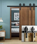Installed Beefy Heavy Duty Sliding Barn Door Hardware Kit With Big Rollers And Bent Hangers For Double Doors 9.6Ft Black Steel Rail Easy Install