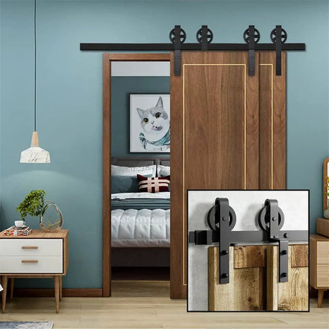 Heavy Duty Sliding Barn Door Hardware Kit For Double Doors Killer Smooth Glide Wheel Track System All Black Steel Rails installed in home setup.
