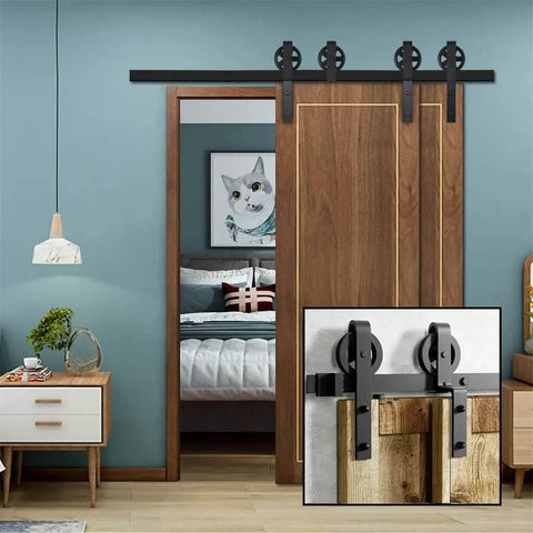 Heavy Duty Sliding Barn Door Hardware Kit With Big Rollers Bent Hanger System for double doors in black finish installed in bedroom