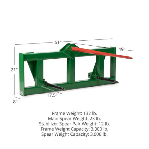 Euro Global Hay Frame With 49 Inch Spear And Stabilizers For John Deere Tractors, 3,000 Lb Load Capacity, Heavy Duty Hay Handling Gear
