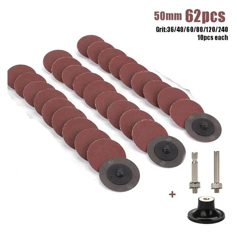 50mm R Type Quick Change Sanding Discs 62 Pcs Premium Grit Kit with Aluminum Oxide for smooth polishing and refinishing.