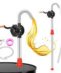 Built Like A Tank Heavy Duty Manual Drum Pump For Quick Slip Free Transfer Of Motor Oil Heating Fluid And Transmission Fluid Fits 15 To 55 Gallon Barrels with clear liquid flow.