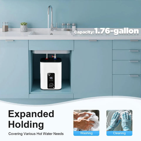 Ditch The Cold Water Wait Under Sink Electric Mini Tank Water Heater 8 Liters 1500 Watt compact design under kitchen sink.