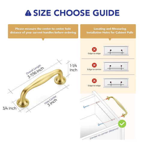 Size guide for Brushed Brass 3 Inch Cabinet Handles Set Of 10 In Solid Zinc Alloy with installation instructions.