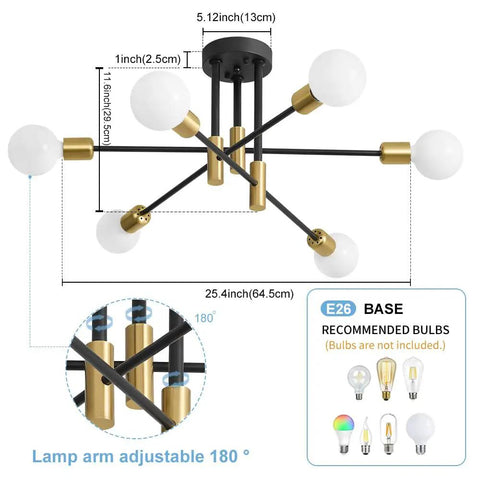 Kickass Modern Sputnik Chandelier Ceiling Light Fixture With Six Bulbs For Dining Rooms, matte black and gold, 25.4inches wide.