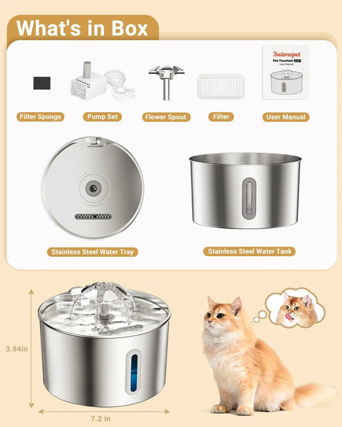 Stainless Steel Cat Water Fountain 74oz Automatic Pet Water Dispenser No Spill Drinking Fountain For Cats And Small Dogs With 3 Filters