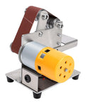 Luocute 9000Rpm Mini Belt Sander With 7 Adjustable Speeds Transforms Into Compact Bench Grinder for crafting, featuring a metal frame and a sanding belt.