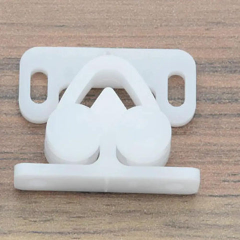 Three Pack White Marine Ball Catch Door Cabinet Latch Set With Spring Back Plates For Cupboards And Boat Hardware Durable Plastic Roller Catches For Home And Marine Use shown on wood surface