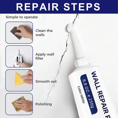 Two Piece Drywall Repair Kit With Mending Paste Scraper Sandpaper And Nozzle Extender For Quick Drying Holes And Cracks DIY Wall Patch Paste Repair Kit For Easy Home Fixes shown with steps for use