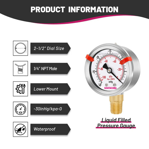 Glycerin Filled Vacuum Pressure Gauge That Holds Up With A Two And A Half Inch Dial Stainless Steel Case Red Range Mark For Safe Operation Minus Thirty In Hg To Zero For Vacuum Pumps Tanks And Systems With One Quarter Inch NPT Lower Mount Built For, 2.5-inch dial, stainless steel case