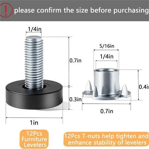 Diagram of Beefy One Quarter Inch Threaded Leveling Feet For Furniture With T Nuts Adjustable Levelers And Non Marring Rust Resistant Construction.
