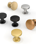 Various color cabinet knobs including brushed gold from the 10 Pack Brushed Gold Round Cabinet Knobs 1-1/5 Inch 30mm Single Hole Drawer Pulls.