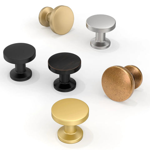Various color cabinet knobs including brushed gold from the 10 Pack Brushed Gold Round Cabinet Knobs 1-1/5 Inch 30mm Single Hole Drawer Pulls.