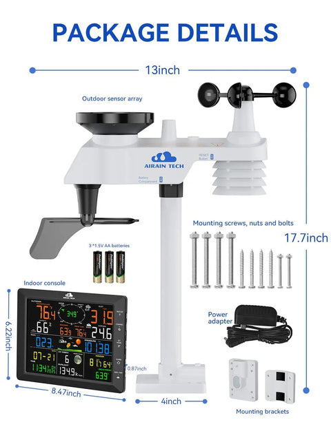 14 In 1 Wireless Weather Station With Outdoor Sensor And Radio Controlled Clock Includes Rain Gauge Wind Speed And Direction Moon Phase Wind Chill Outdoor Dew Point And Barometer No WiFi For Real Time Weather Intel And Tracking At Home, showing package details with sensor array and display console.