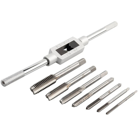 7 Piece HSS Thread Tap Set with Adjustable Tap Wrench, Metric Taps from M3 to M12 for Metal Aluminum Plastic Wood