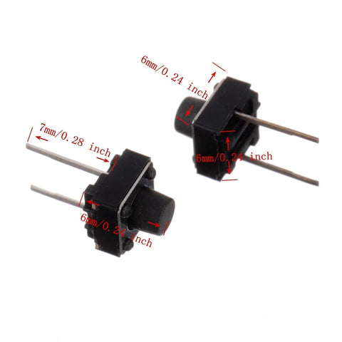 6x6x6 mm Tactile Push Button Switches 2 Pin Momentary Push Button Switches showing size dimensions, ideal for DIY electronics projects.