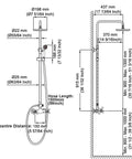Technical diagram of the Oil Rubbed Bronze Rain Shower System With 8 Inch Round Overhead Rain Shower Head And Handheld Spray Dual Function 2 Knob Mixer Wall Diverter Adjustable Slide Bar 27.5 To 47 Inches For A Modern Dope Bathroom Setup, showing dimensions for installation.